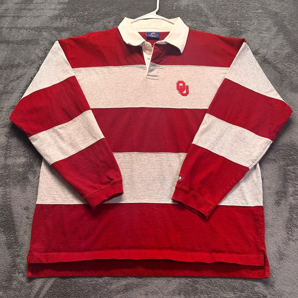 Oklahoma Sooners Rugby Polo Shirt Mens XL Red Striped Long Sleeve Pro Player OU